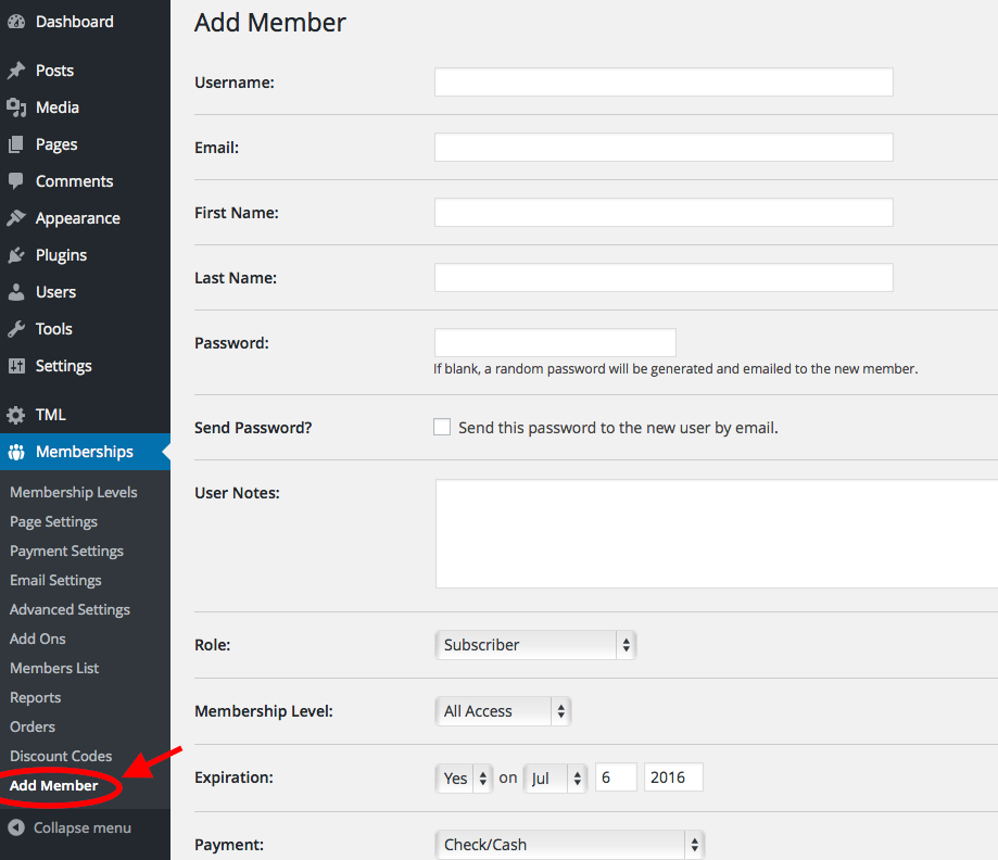 Screenshot showing Add Member Admin Add On to add member under memberships in WordPress admin