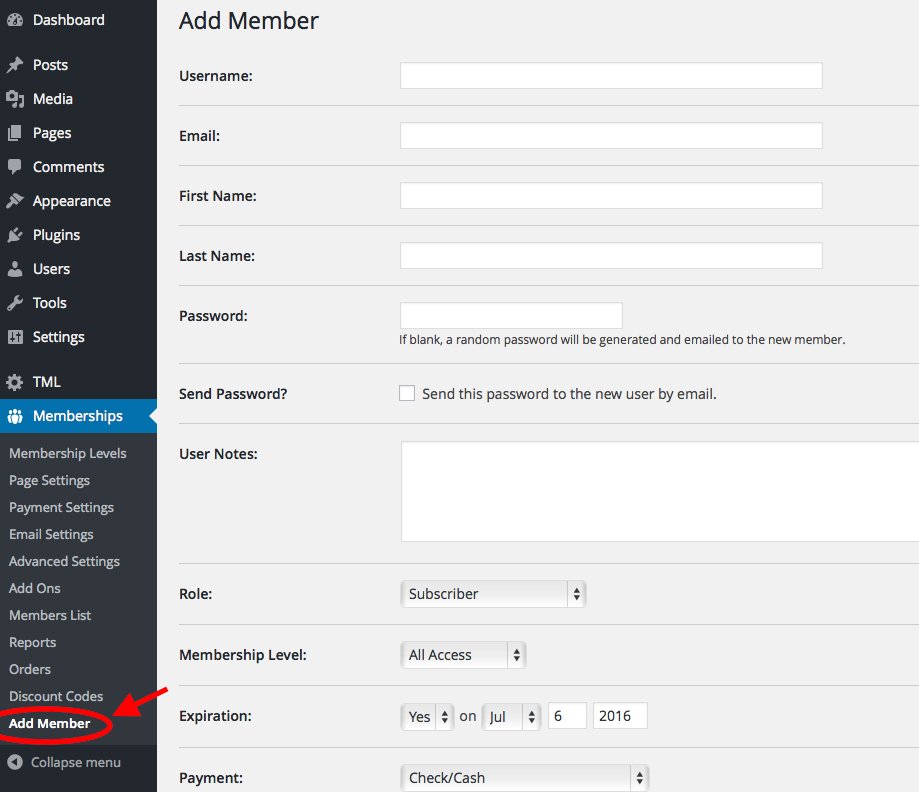 The Add Member Admin dashboard page