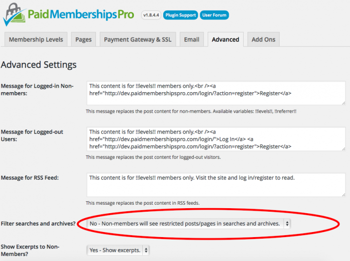 Screenshot of the Memberships > Settings > Advanced page in the WordPress admin