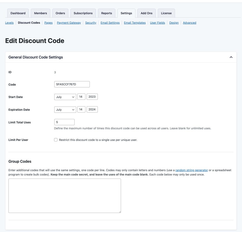 Screenshot of Group Discount Code field in PMPro's Discount Code Settings