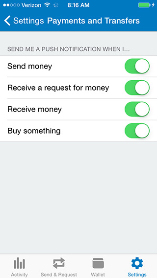 PayPal App for iOS with Notifications Settings Screen