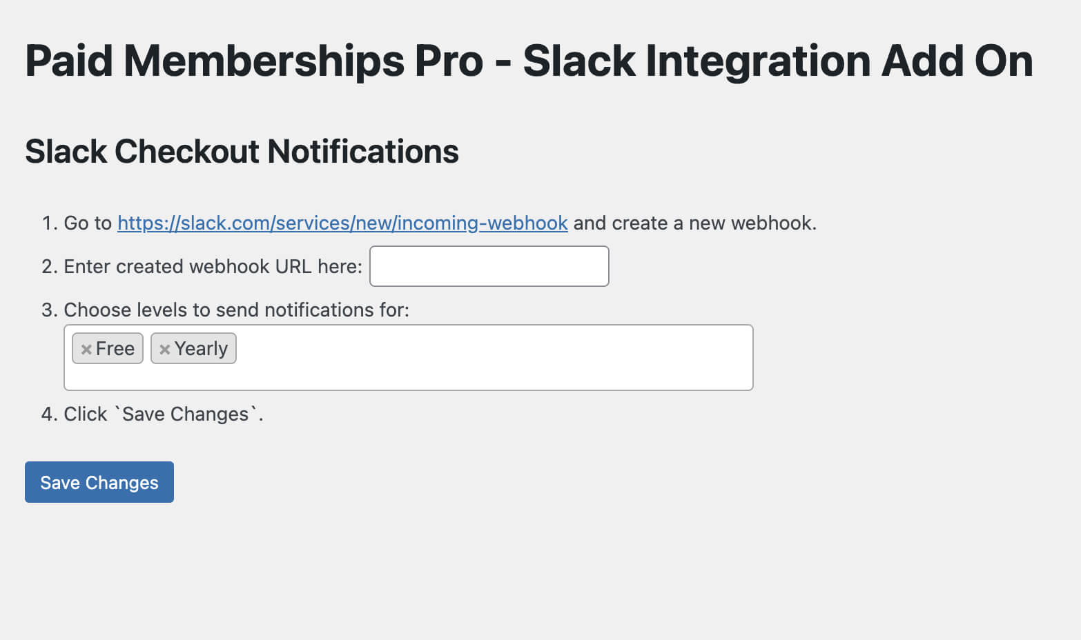 Screenshot of the Slack Integration Checkout Notifications page