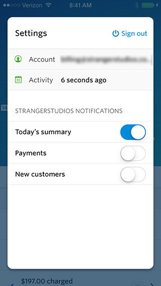 Stripe App for iOS Notifications settings screen