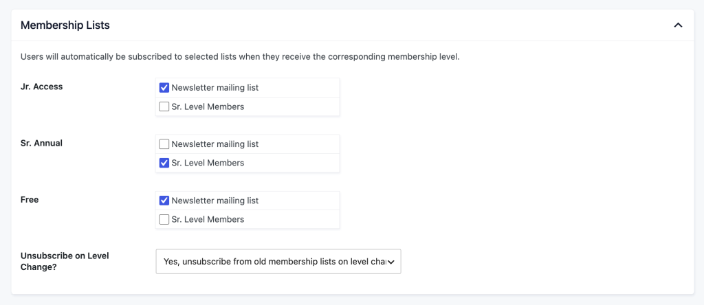 MailPoet PMPro Settings - Membership List