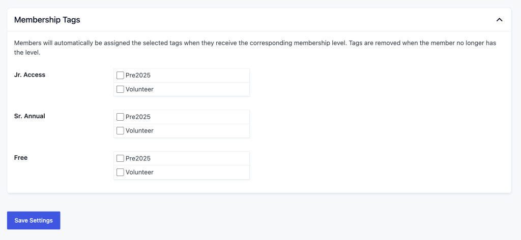 MailPoet PMPro Settings - Membership Tags