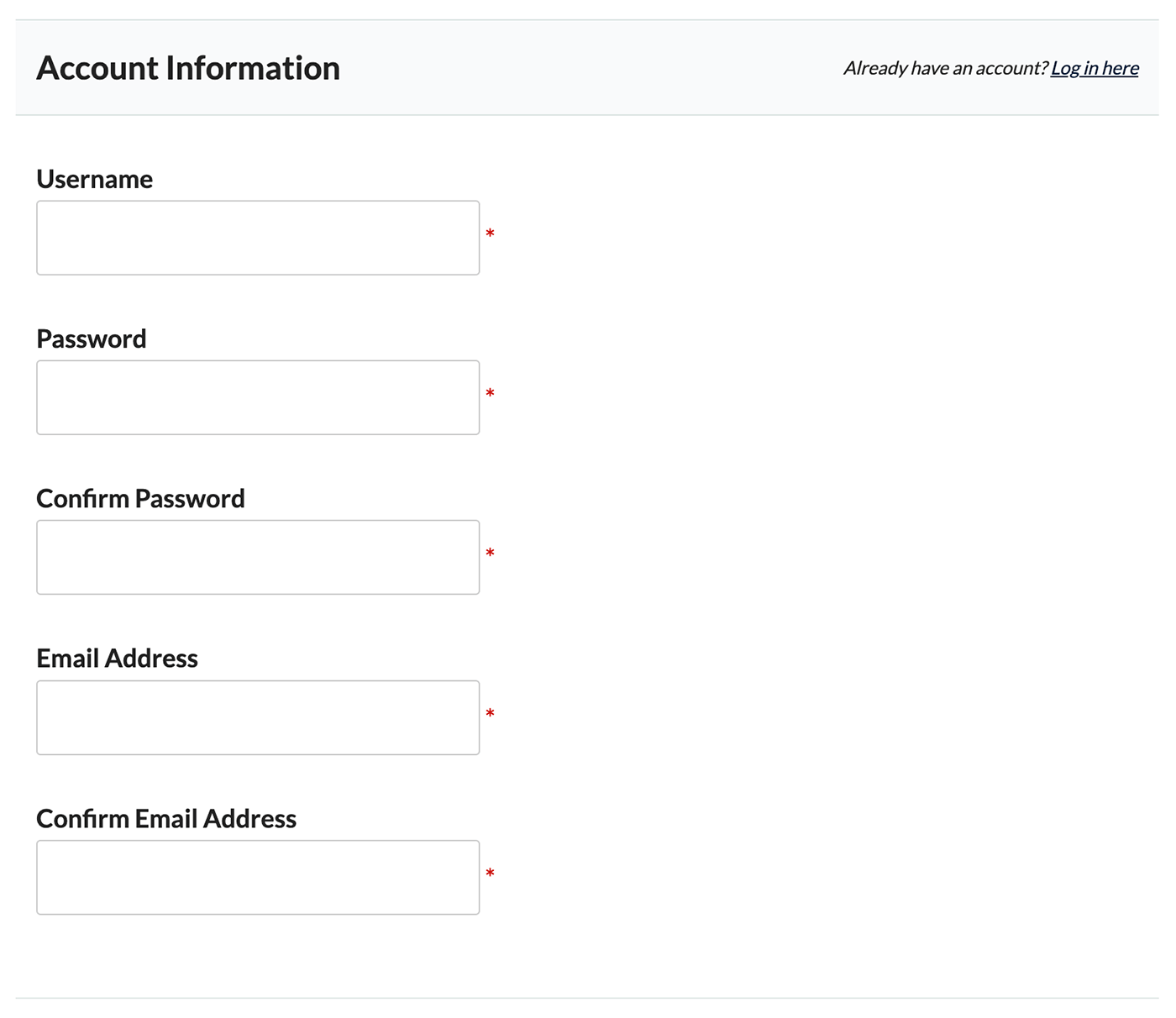 Screenshot of membership checkout with confirm password and confirm email fields visible (default)
