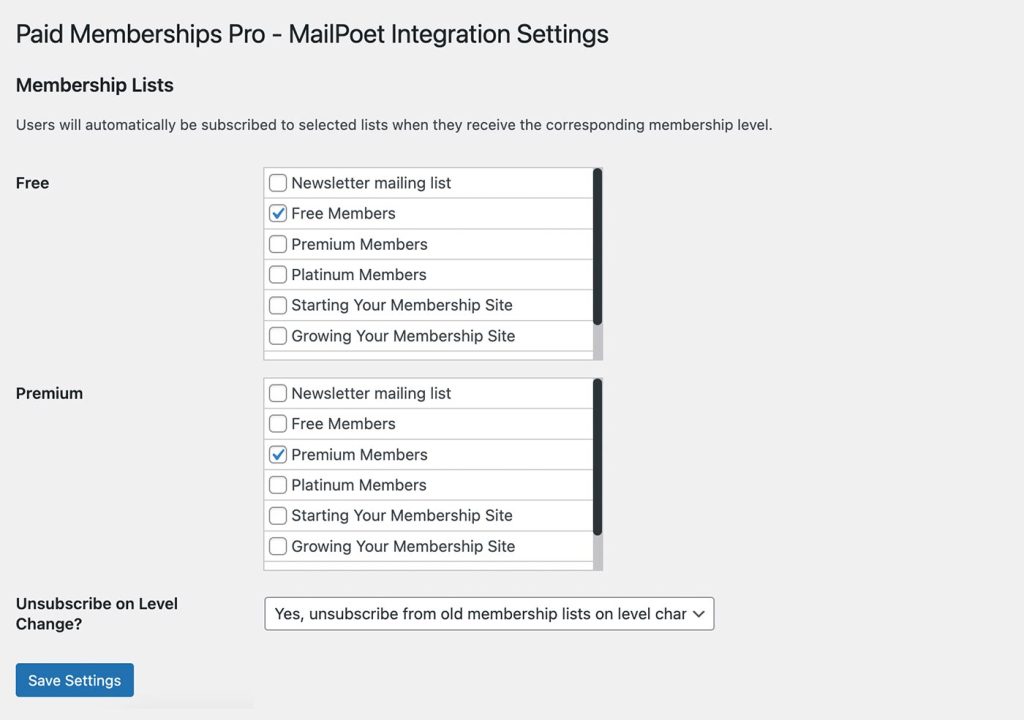 Assign lists to membership levels on the PMPro MailPoet settings page in the WordPress admin