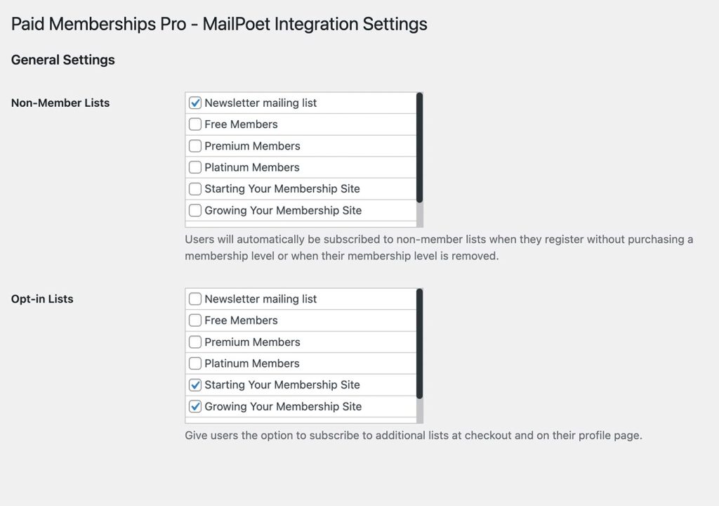 Assign the non-member list and opt-in lists on the PMPro MailPoet settings page in the WordPress admin