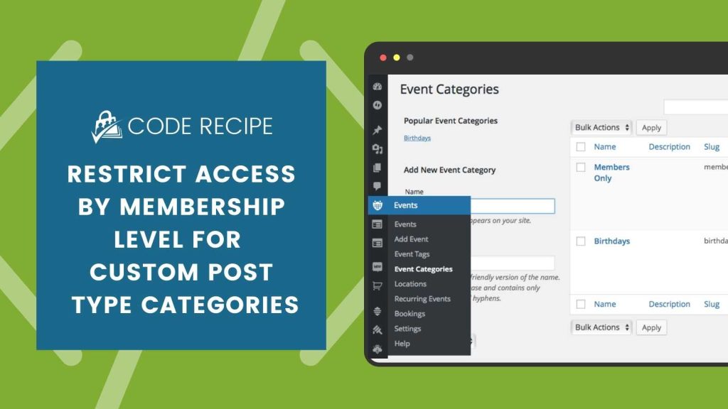 Restrict Access by Membership Level for CPT Categories Code Recipe Banner Image