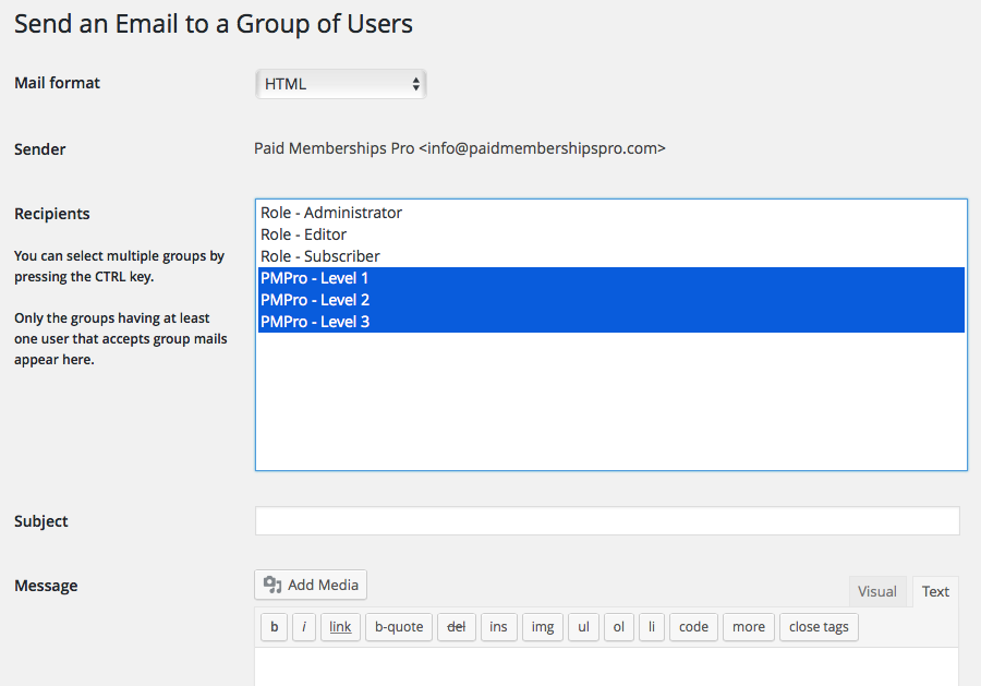Email Users settings page for PMPro integration