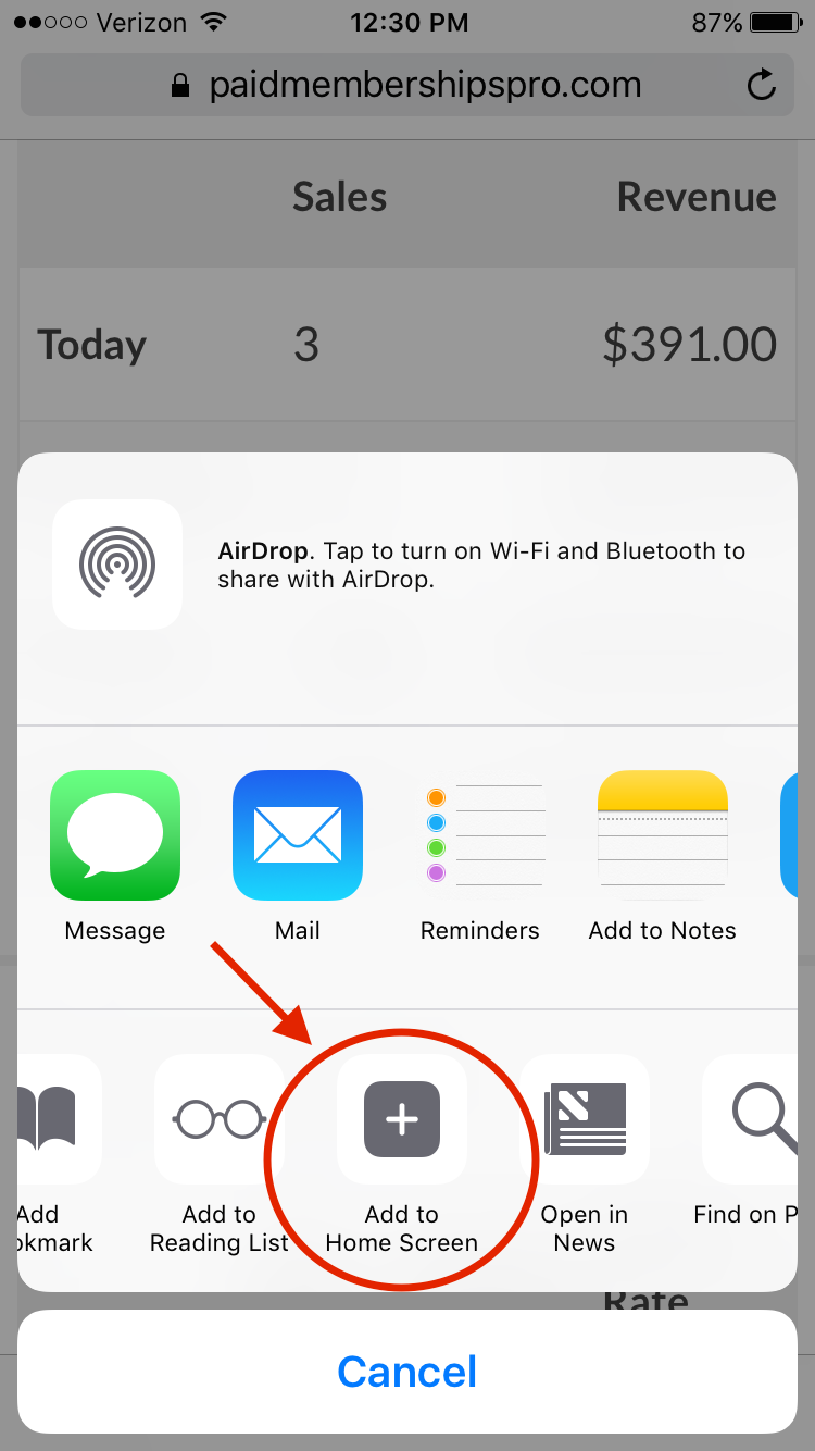 Add to Home Screen on iPhone