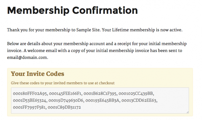 Membership Confirmation Page with Invite Codes Message