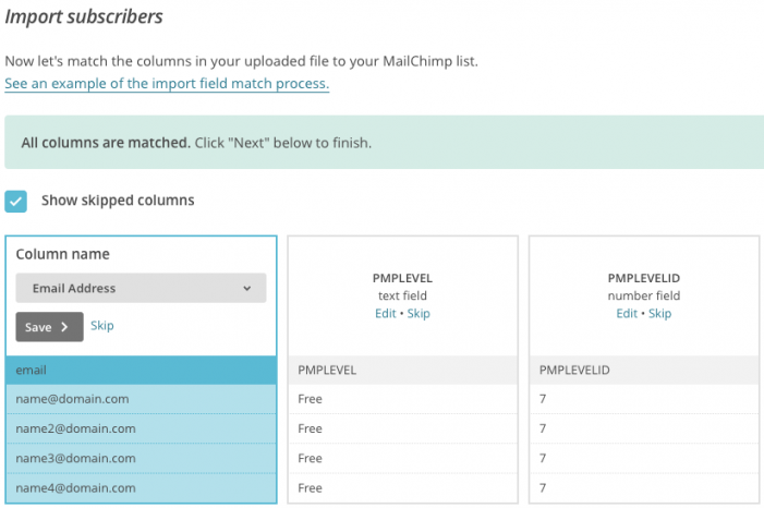 Match merge fields in the CSV import step of Mailchimp