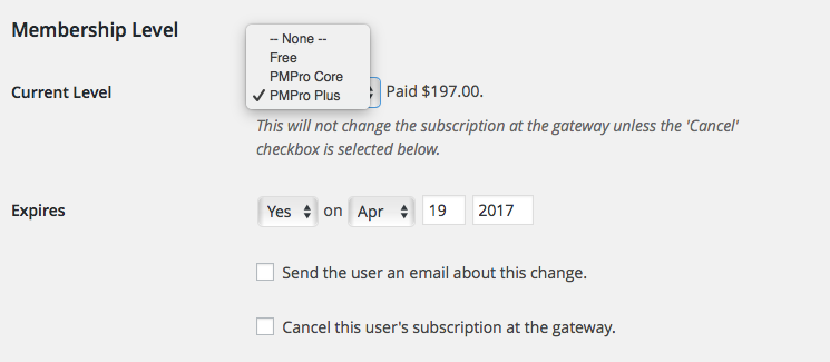 Screenshot of the Membership Level section on the Edit User screen in the WordPress admin