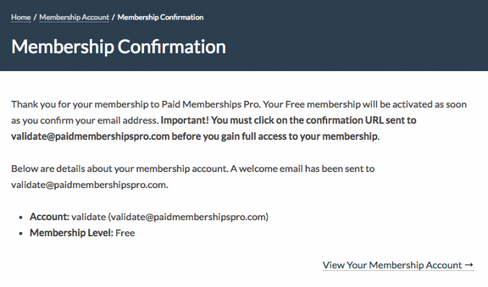 Screenshot of Membership Confirmation Email