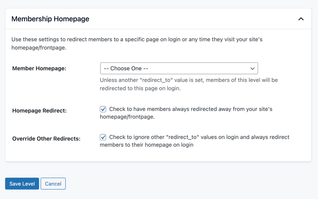 Member Homepages settings on the Memberships > Settings > Edit Level screen in the WordPress admin