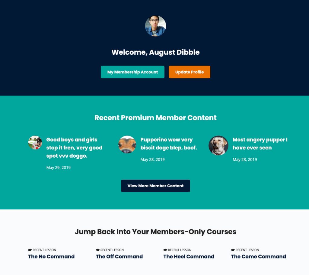 Example of a members-only dashboard that members can use to access premium content