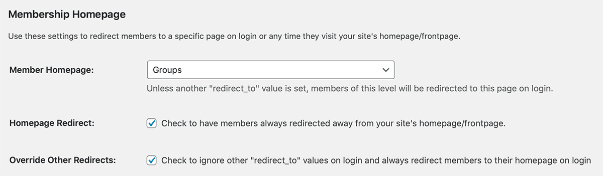 Member Homepages Settings on the Memberships > Settings > Edit Level Admin Page