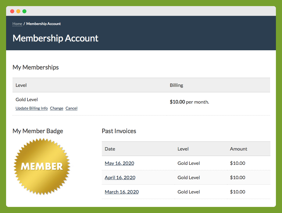 Screenshot of Paid Memberships Pro Members Badges on Membership Account page