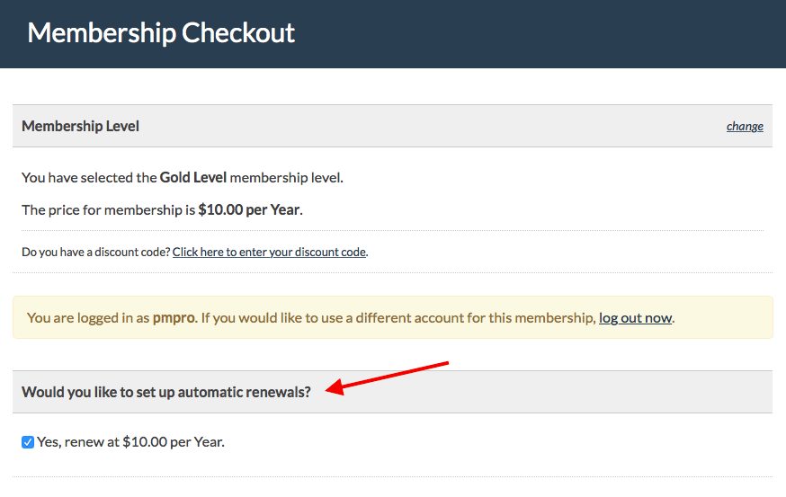 Member can optionally select auto-renewal at checkout.