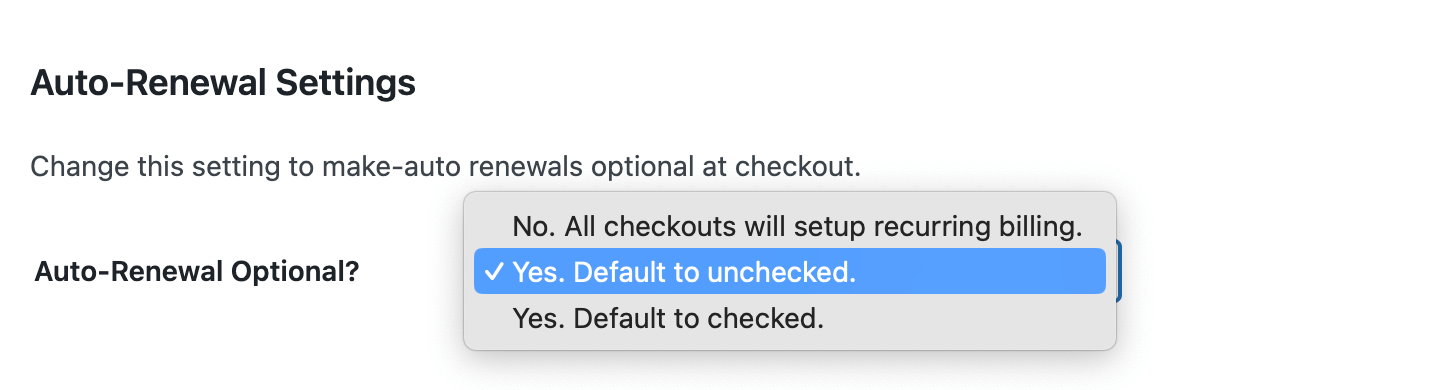 Membership Level edit settings to set up auto-renewal as required, optional, or default to checked