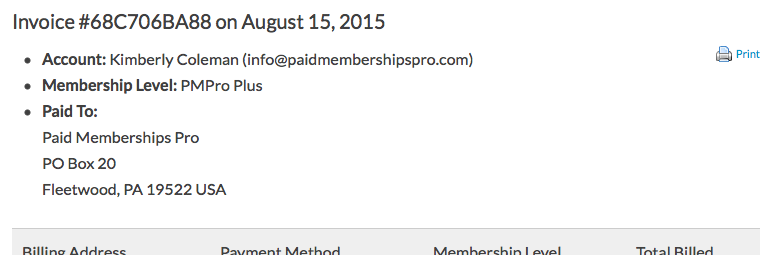 Screenshot of the invoice with the membership site owner's business address and (optional) VAT number.