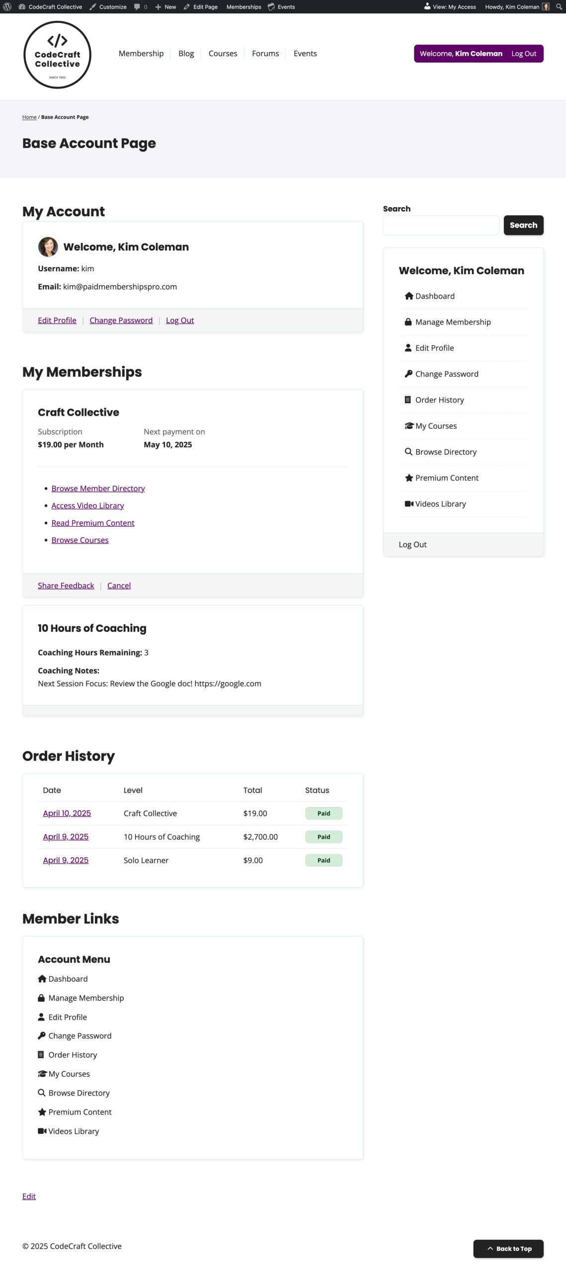 Screenshot of default account page