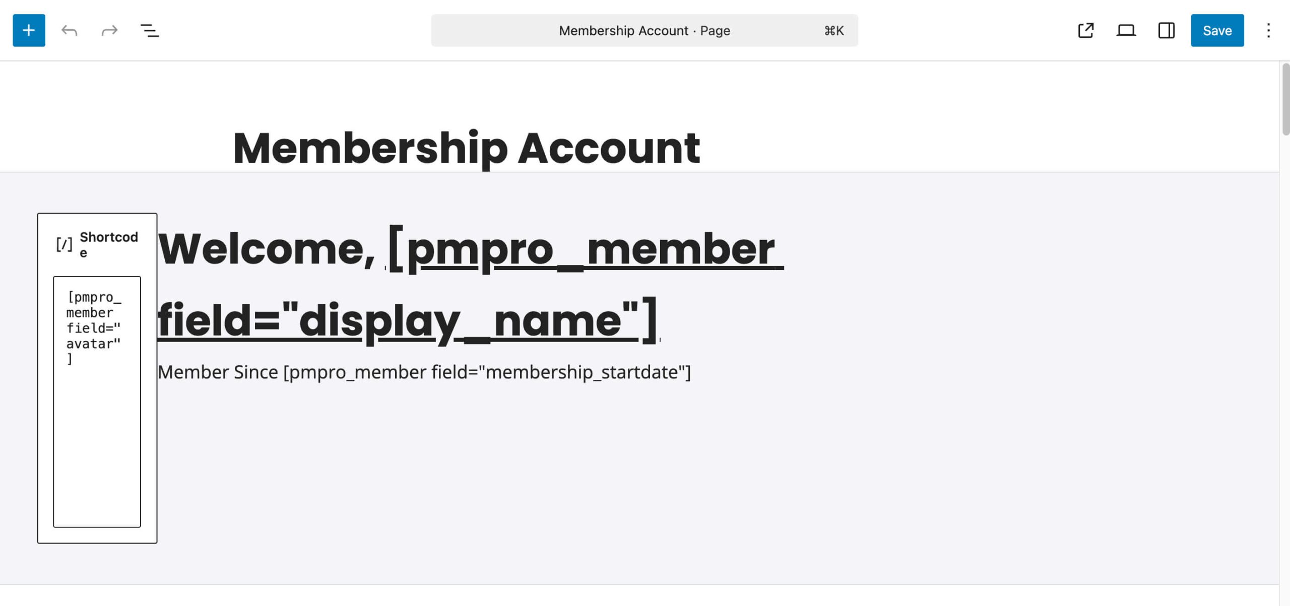 Example of shortcode used in the block editor for the welcome screen