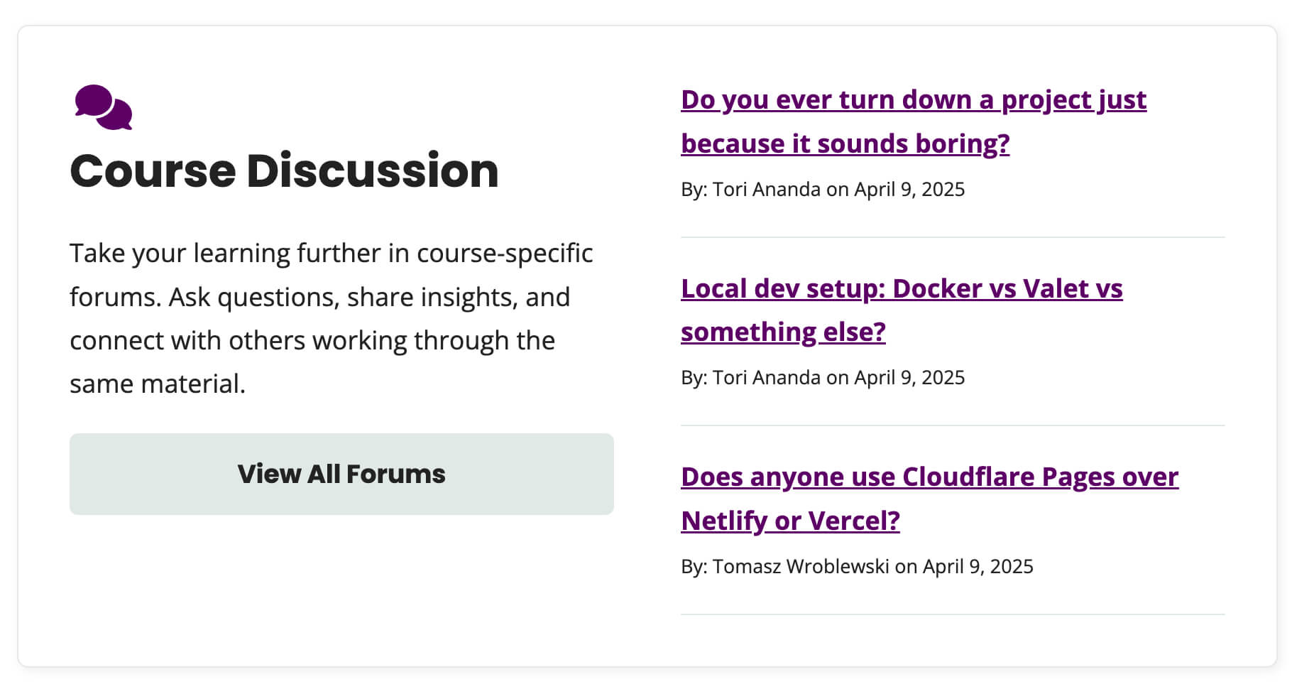 Dashboard view of Course Discussion