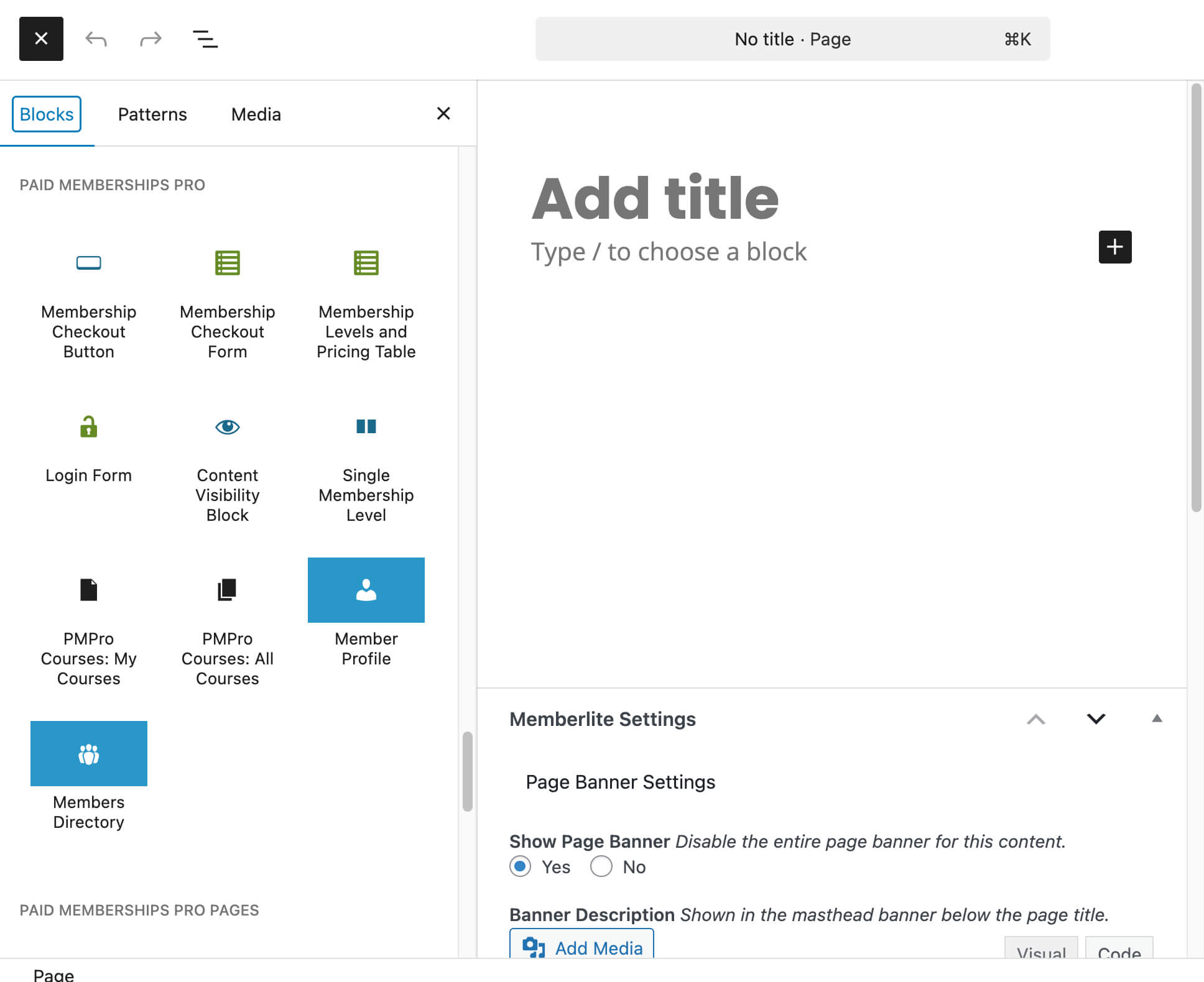 Screenshot showing PMPro blocks