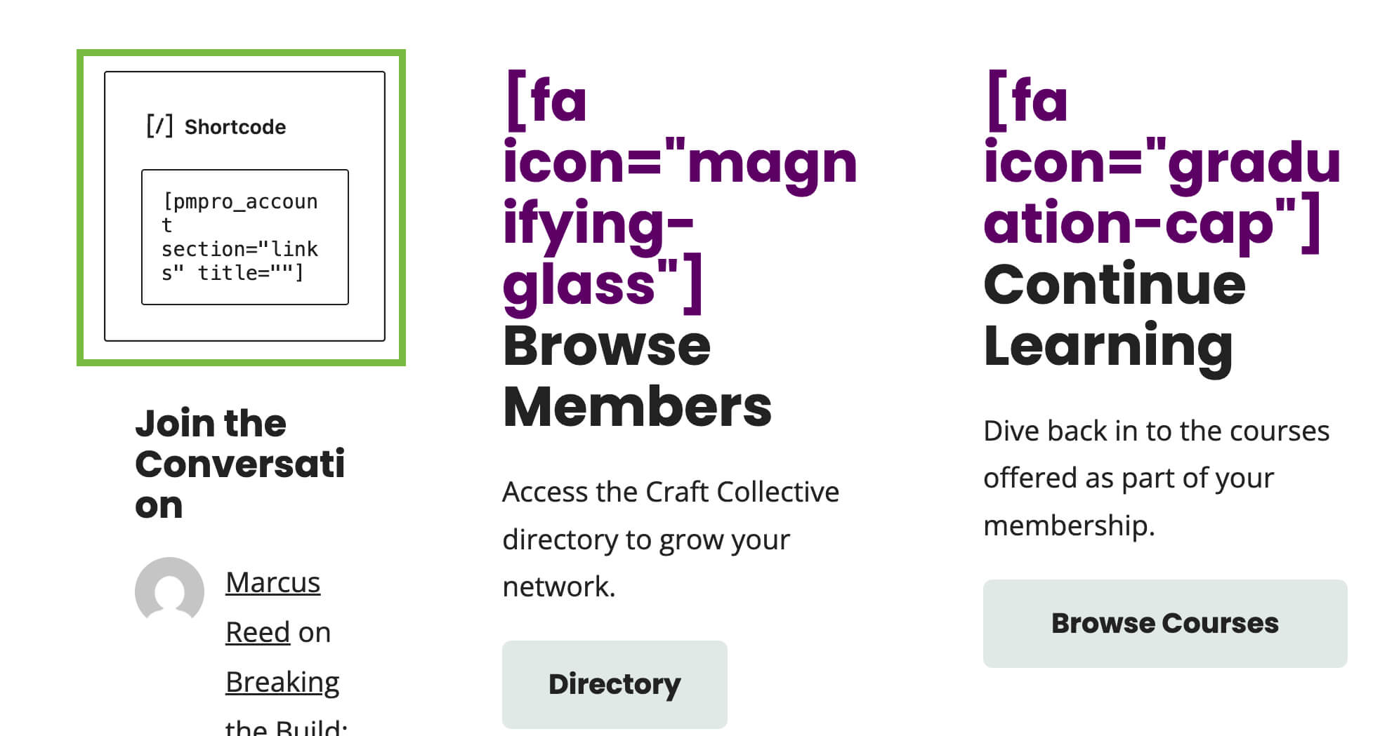 Example of PMPro's member links shortcode in use