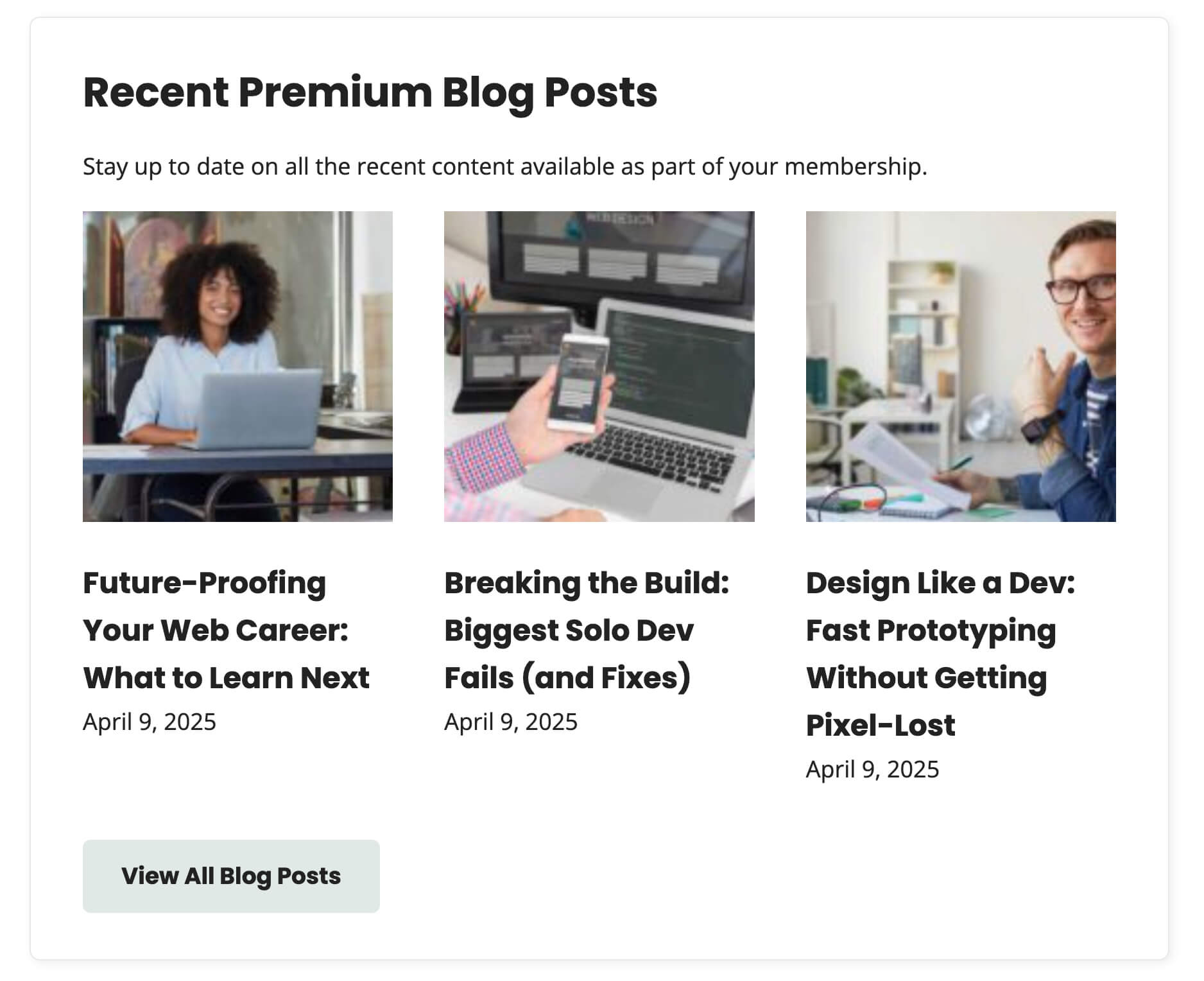 Dashboard displaying Recent Premium Blog Posts in a query loop