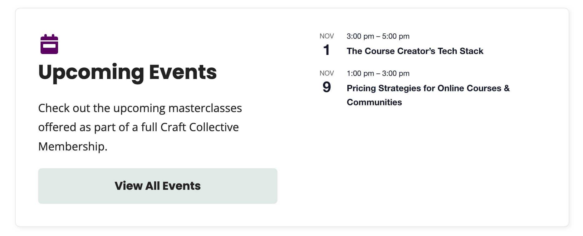 Dashboard view of Upcoming Events
