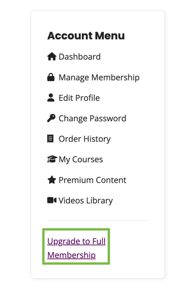 Dashboard view of the Account Menu with Upgrade to Full Membership link highlighted