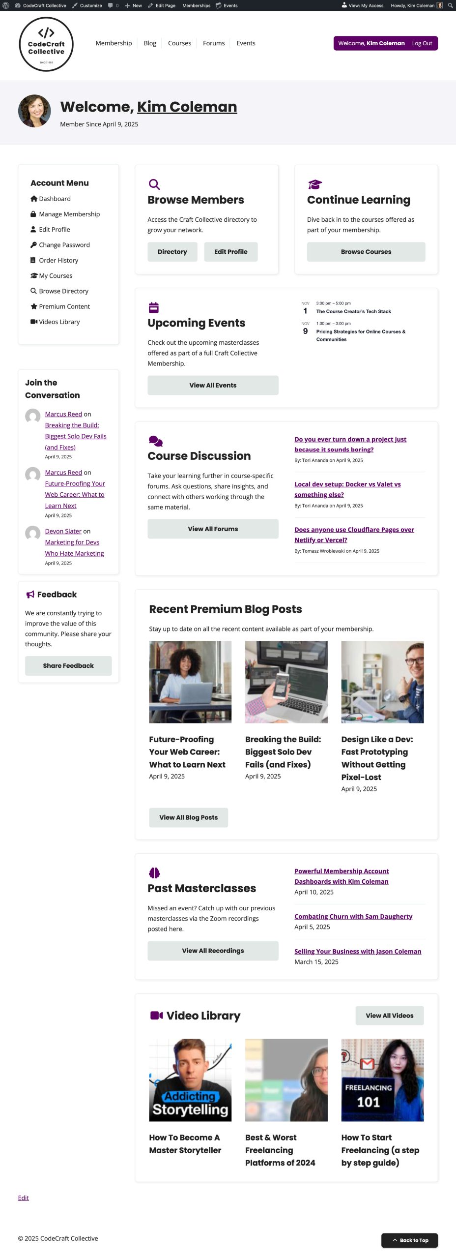 Screenshot of an upgraded membership account page