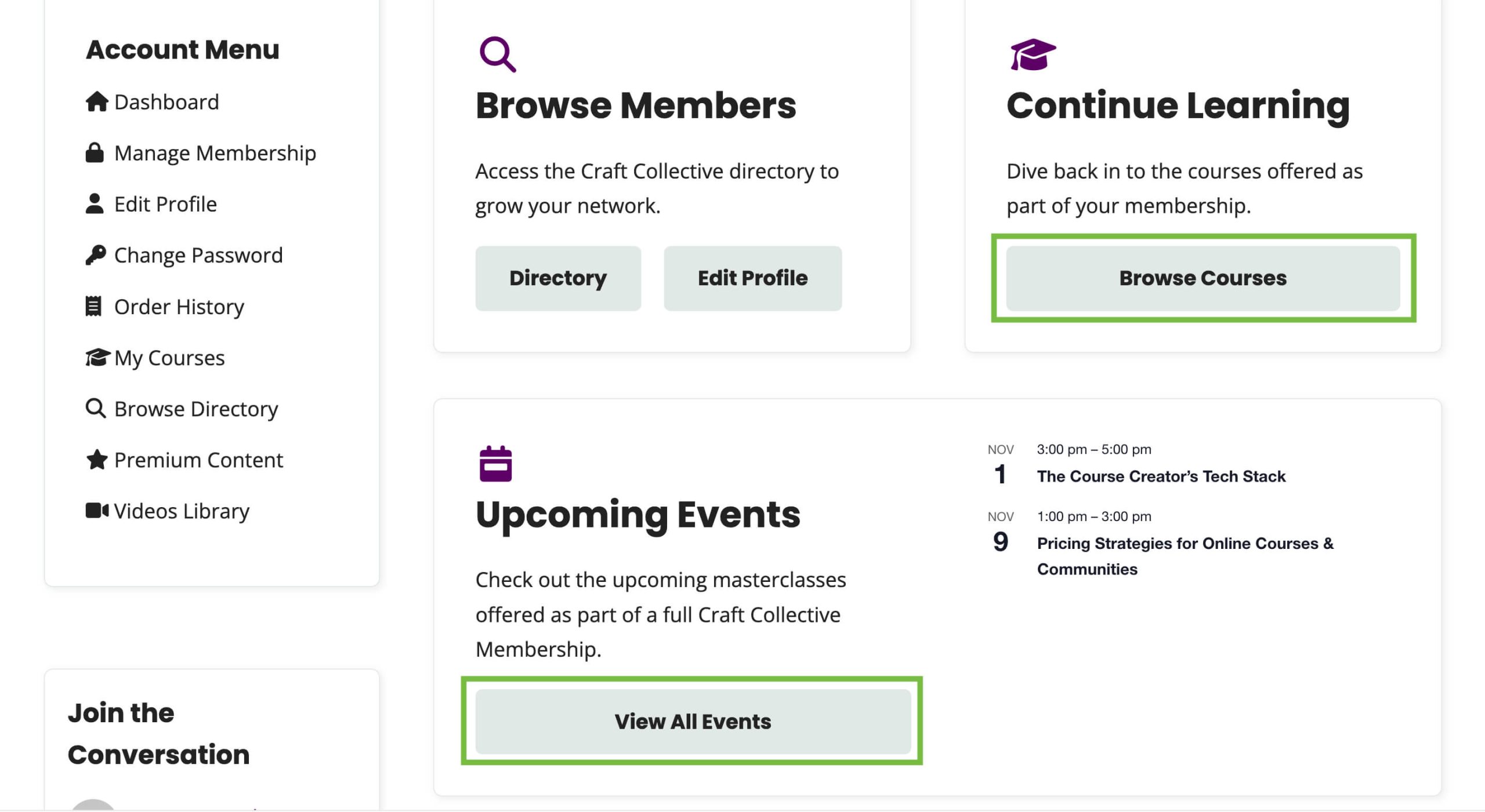 Interactive buttons saying "Browse Courses" and "View All Events"