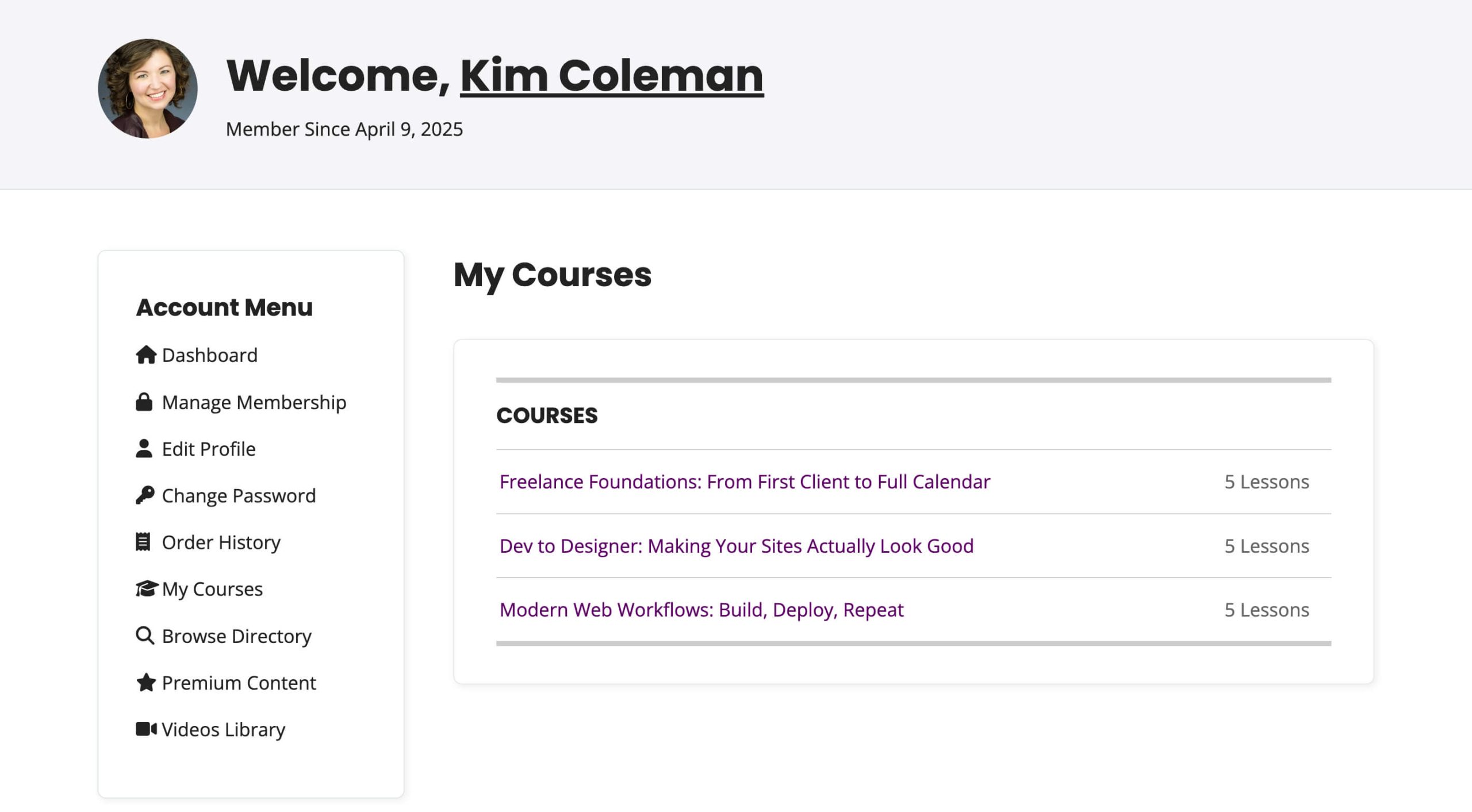 Member dashboard displaying courses