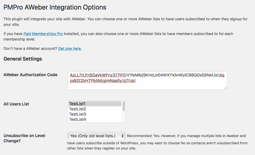 Screenshot of PMPro AWeber Integration Options featuring Authorization Code and All User List