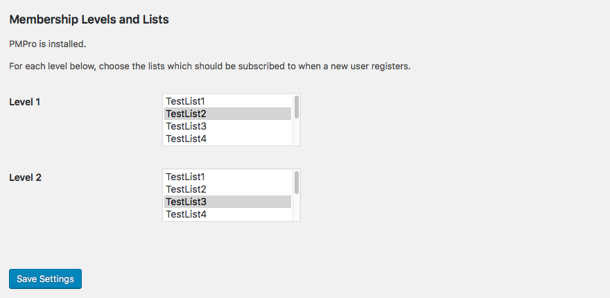 Screnshot for PMPro AWeber Integration Options featuring Level 1 and Level 2