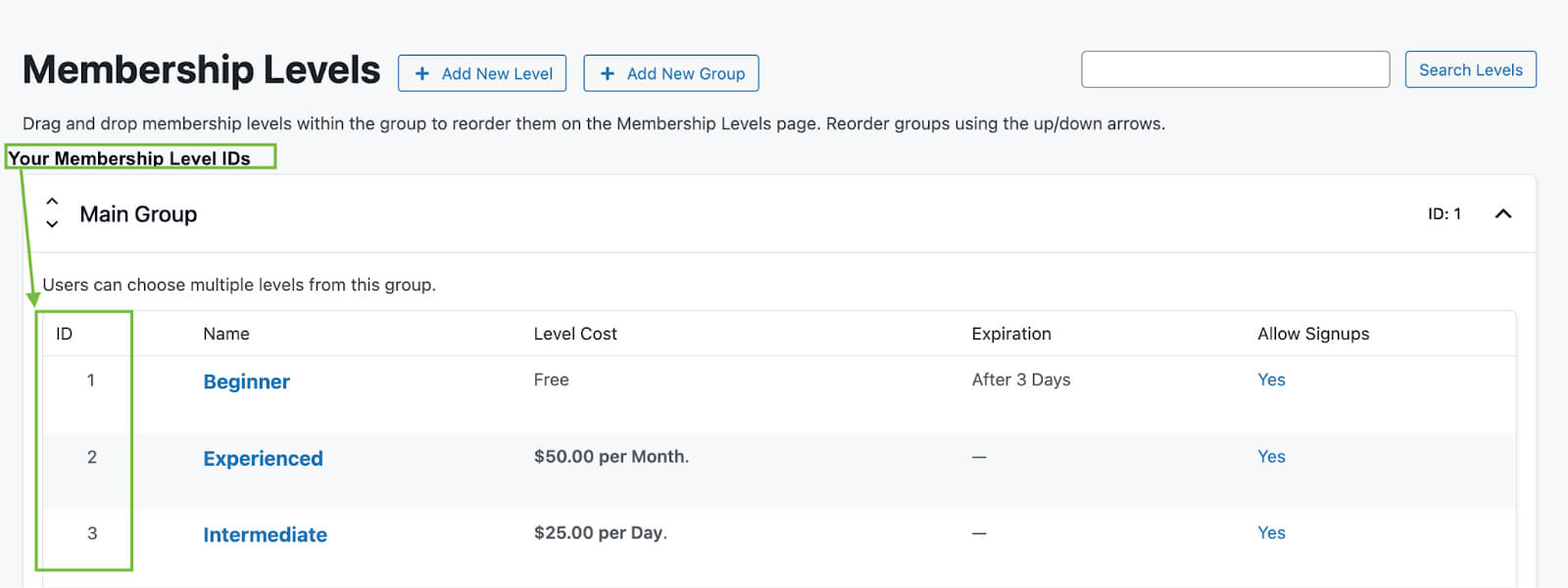 Screenshot Showing Where to Find Membership Level IDs