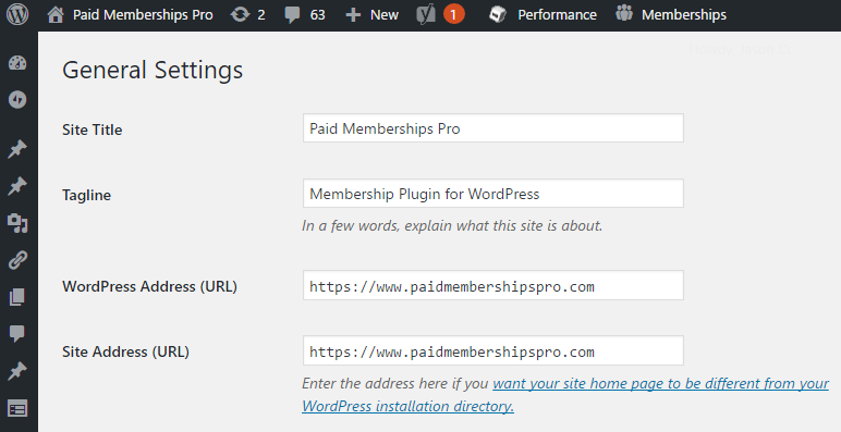 Screenshot of WordPress Paid Membership Pro general settings to change WordPress Address URL and Site URL