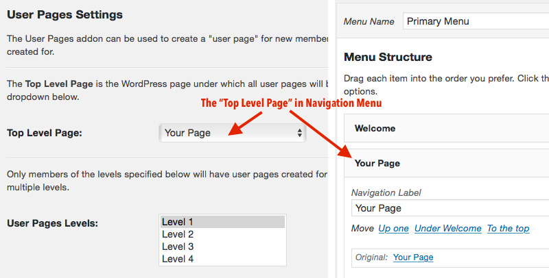 User Pages Settings in the WordPress Admin