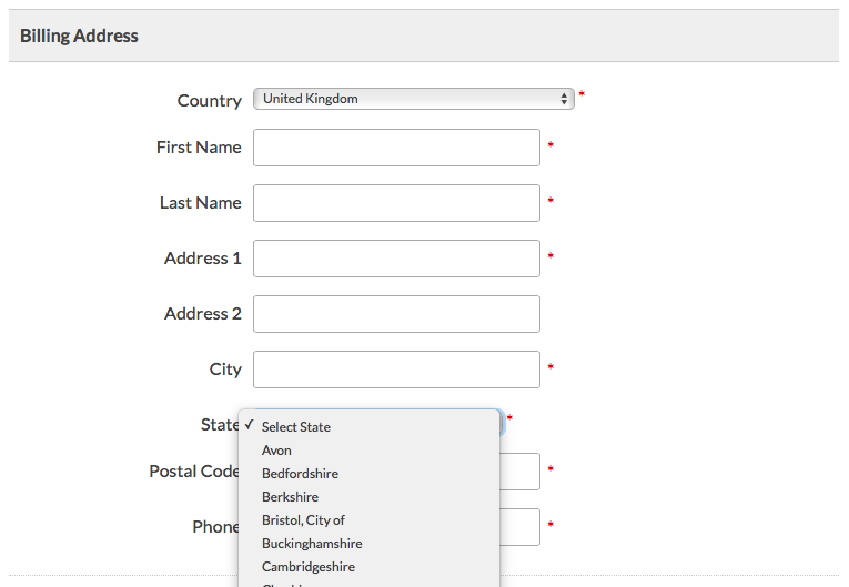 Screenshot of Checkout Page with Dropdown Expanded for UK states.