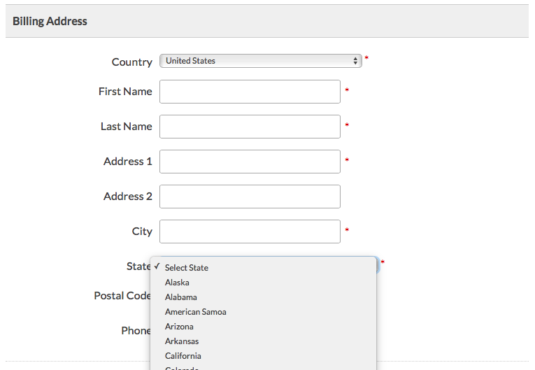 Screenshot of Checkout Page with Dropdown Expanded for US States