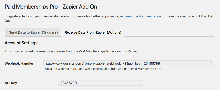 Admin Settings for Receiving Data via Zapier Integration for Paid Memberships Pro