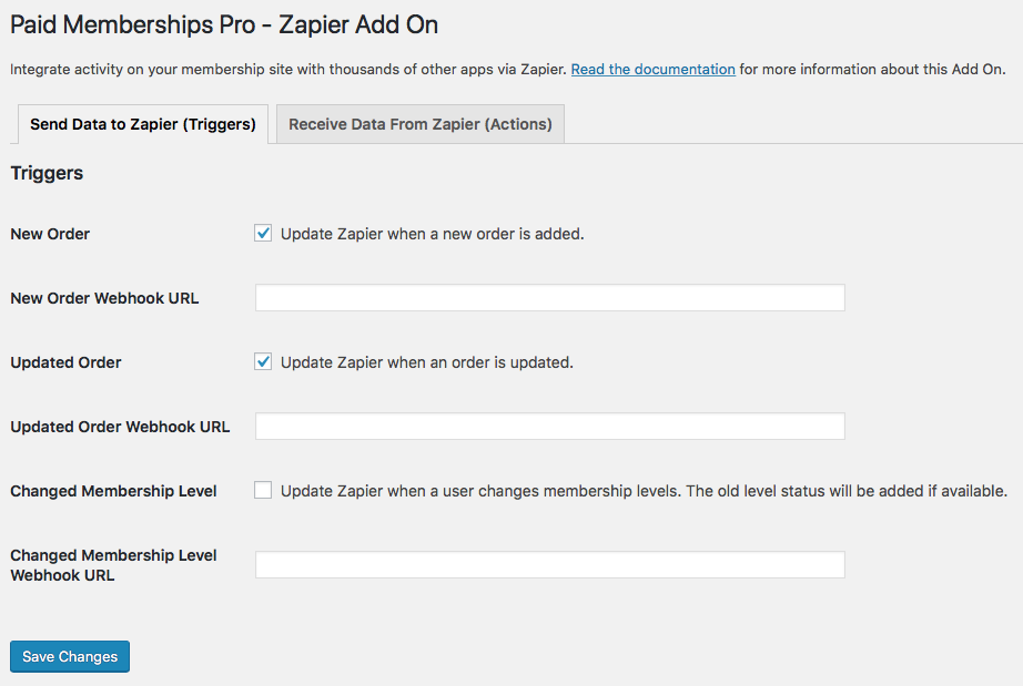 Admin Settings for Sending Data via Zapier Integration for Paid Memberships Pro