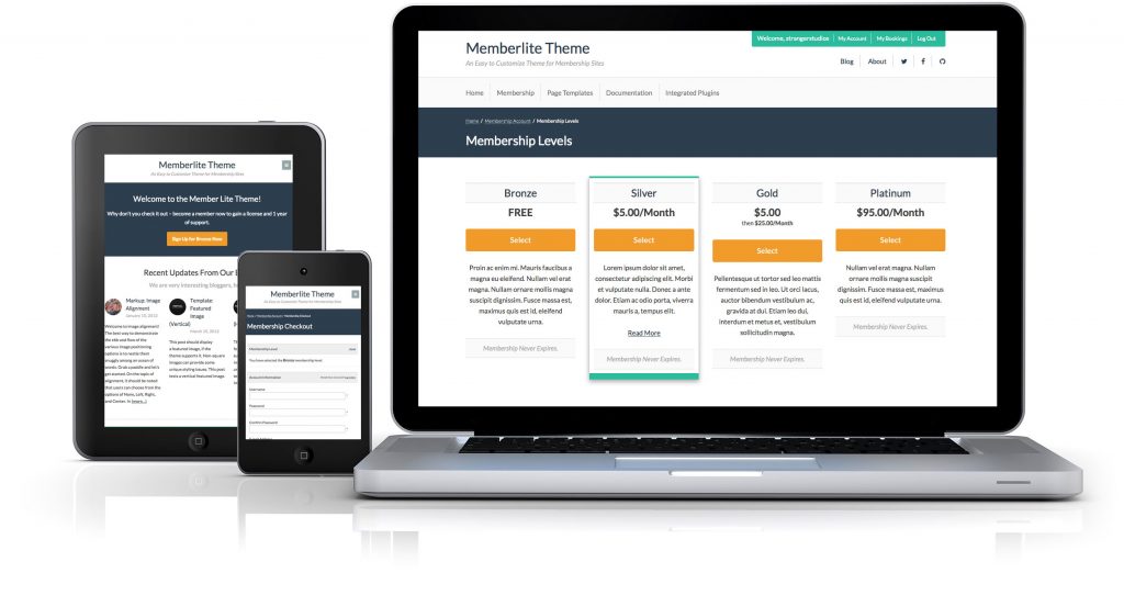 Responsive theme screens on tablet, mobile, and desktop