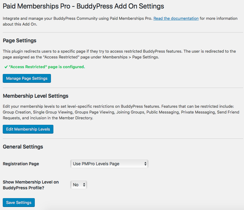 PMPro BuddyPress Settings Page