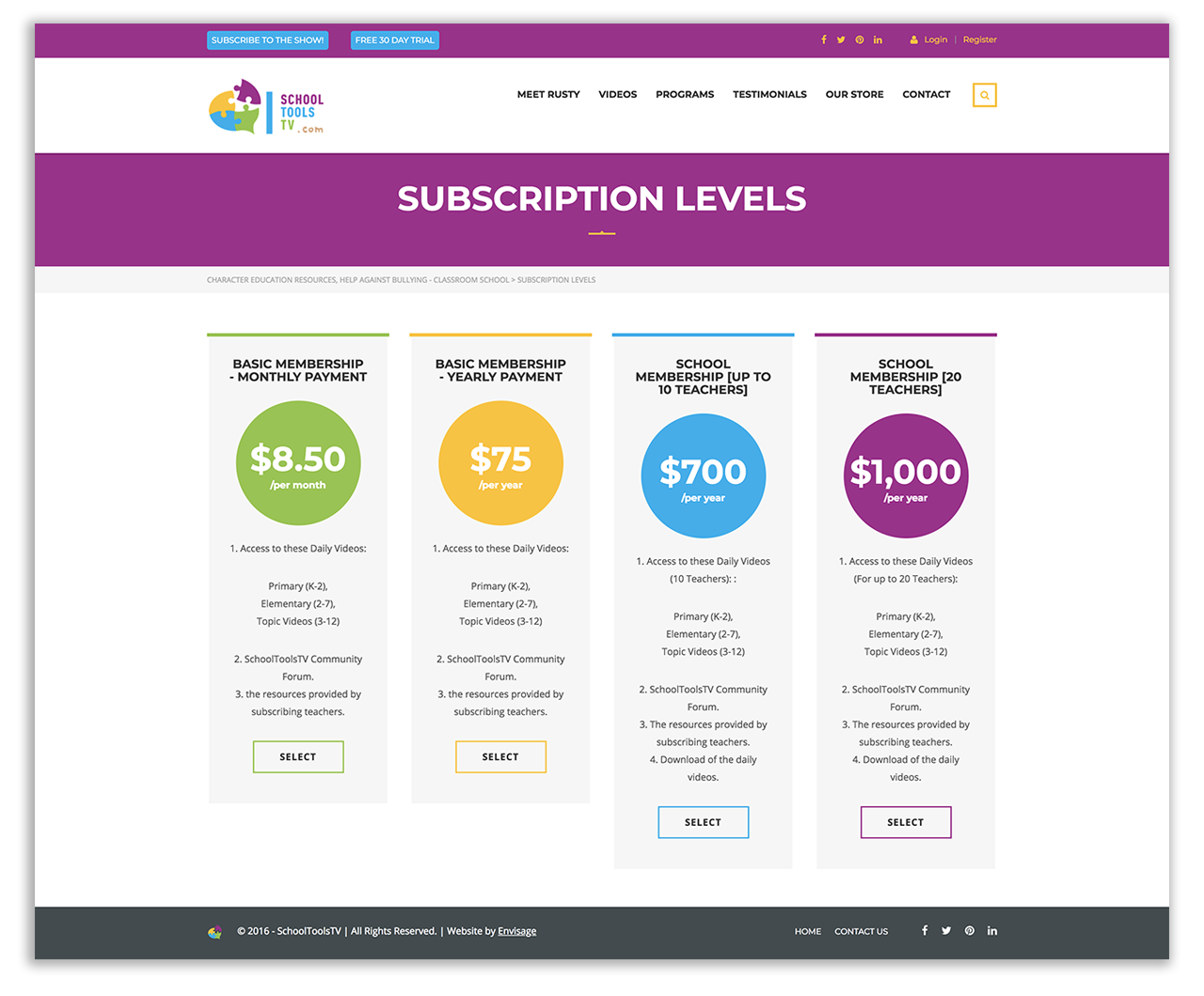 Screenshot of SchoolToolsTV Subscription Level Information