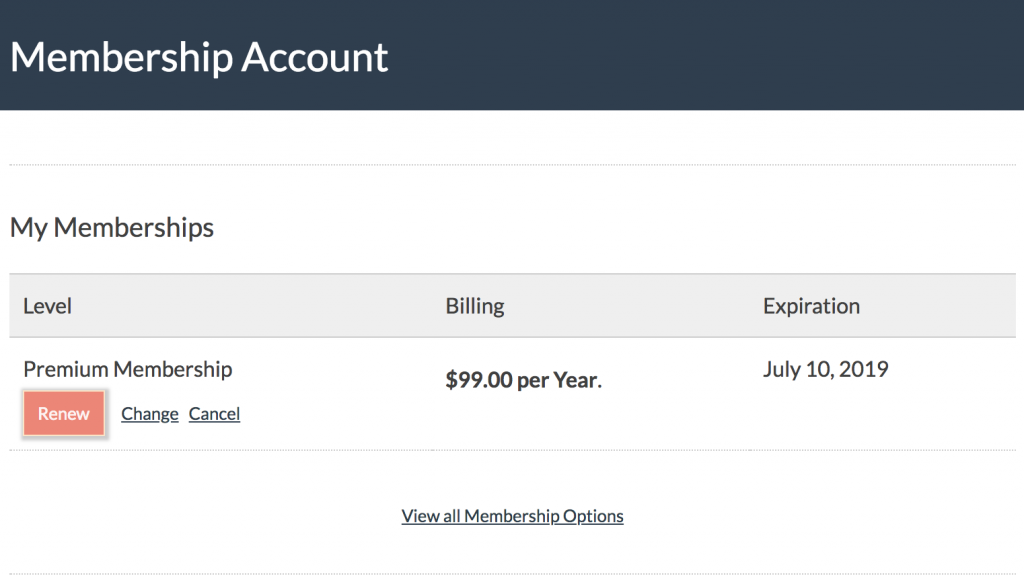 Membership Account Renew Membership Option